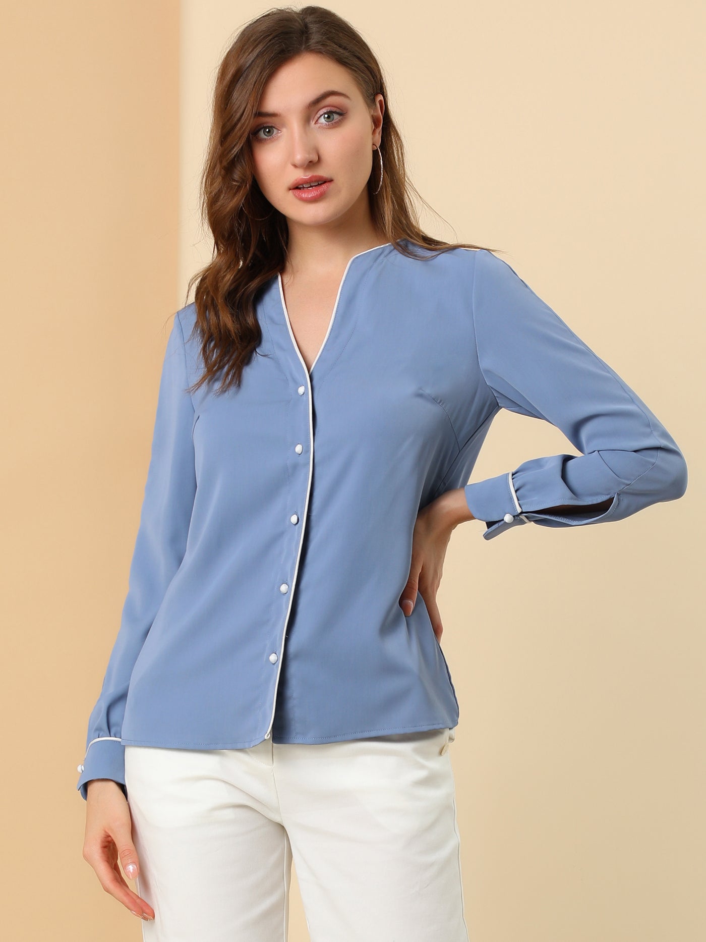 Allegra K V Neck Long Sleeve Contrast Color Piped Button Up Chiffon Blouse