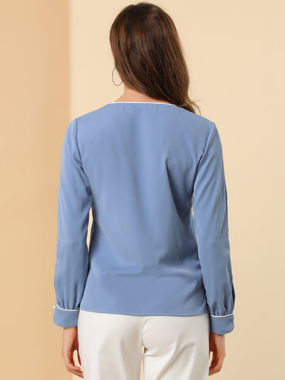 V Neck Long Sleeve Contrast Color Piped Button Up Chiffon Blouse
