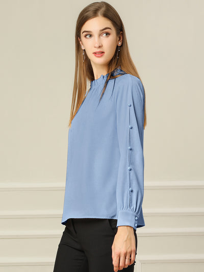 Chiffon Blouse Ruched Stand Collar Pearl Beaded Long Sleeve Work Top