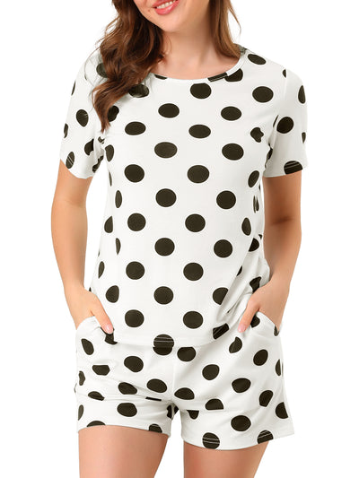 Cute Round Neck Short Sleeve Pjs Sleepwear Polka Dots Pajama Set