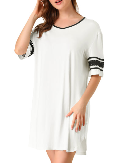 Color Contrast Lace Short Sleeve Loose Sleepshirt Soft Nightgowns