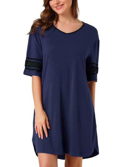 Color Contrast Lace Short Sleeve Loose Sleepshirt Soft Nightgowns