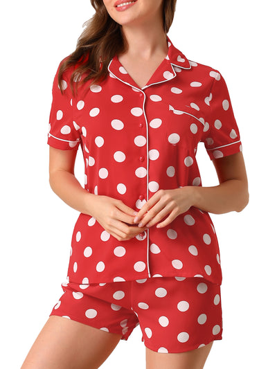 Short Sleeve Notch Collar Piped Button Polka Dot Pajama Sets