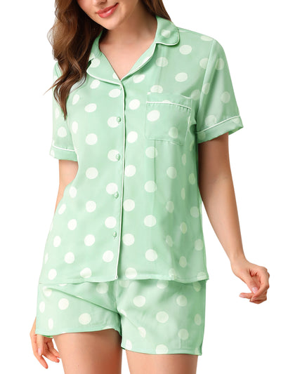 Short Sleeve Notch Collar Piped Button Polka Dot Pajama Sets