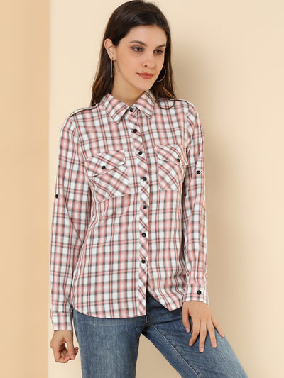 Roll Up Long Sleeve Christmas Button Down Plaid Flannel Shirt Top