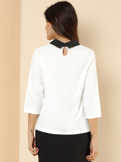 Contrast Point Collar 3/4 Sleeve Casual Chiffon Blouse Tops