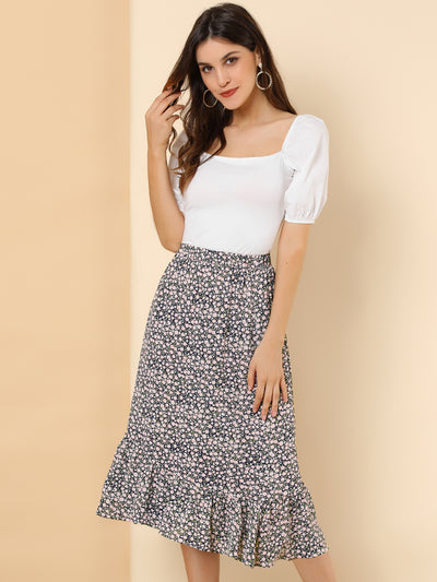 Summer Floral Elastic Waist High Low Ruffle Hem Midi Skirt