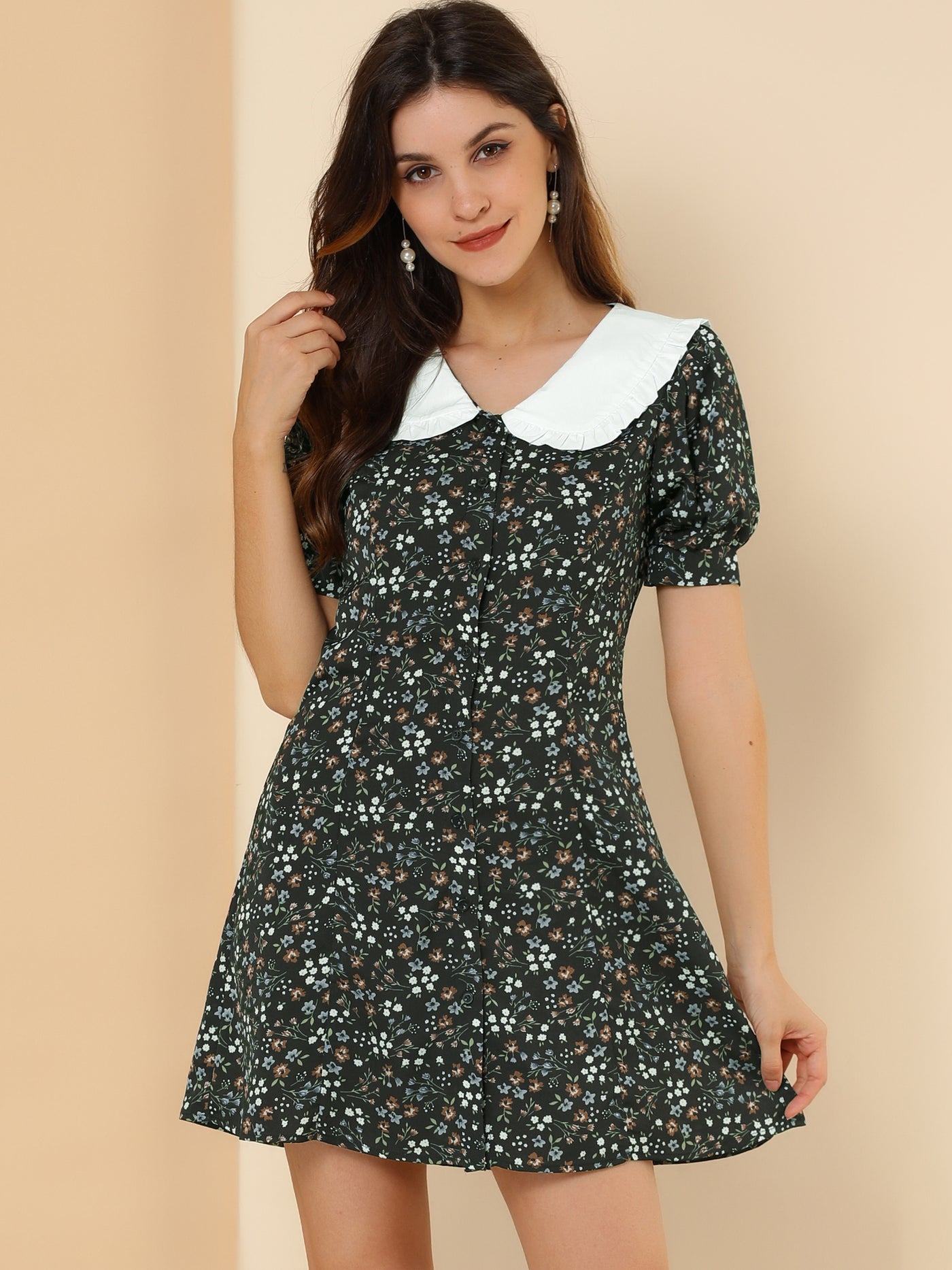 Allegra K Peter Pan Collar Flowy Short Sleeve Ruffle Summer Floral Shirt Dress
