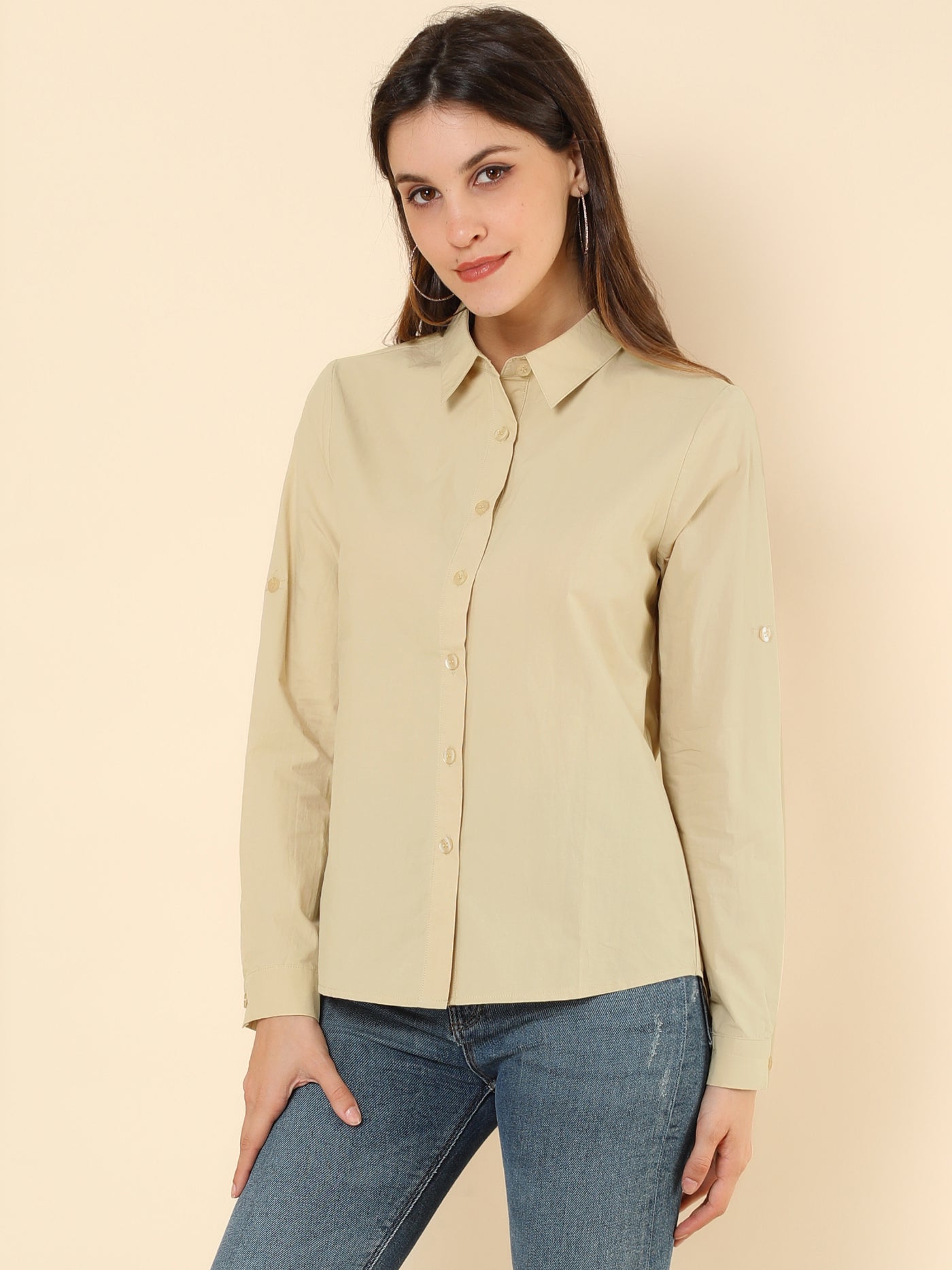 Allegra K Button Down Point Collar Office Roll-up Long Sleeve Shirt