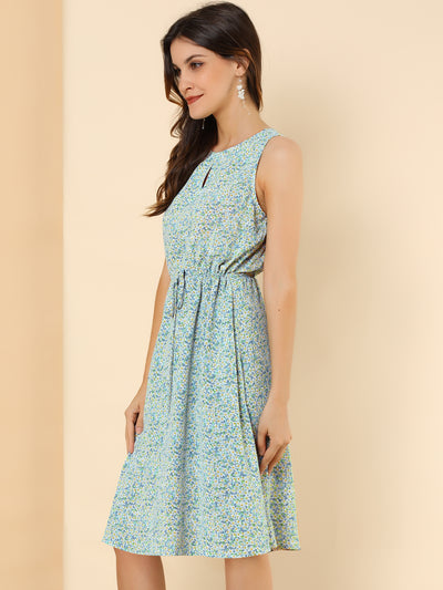 Floral Drawstring Waist Sleeveless A-Line Midi Dress Sundress