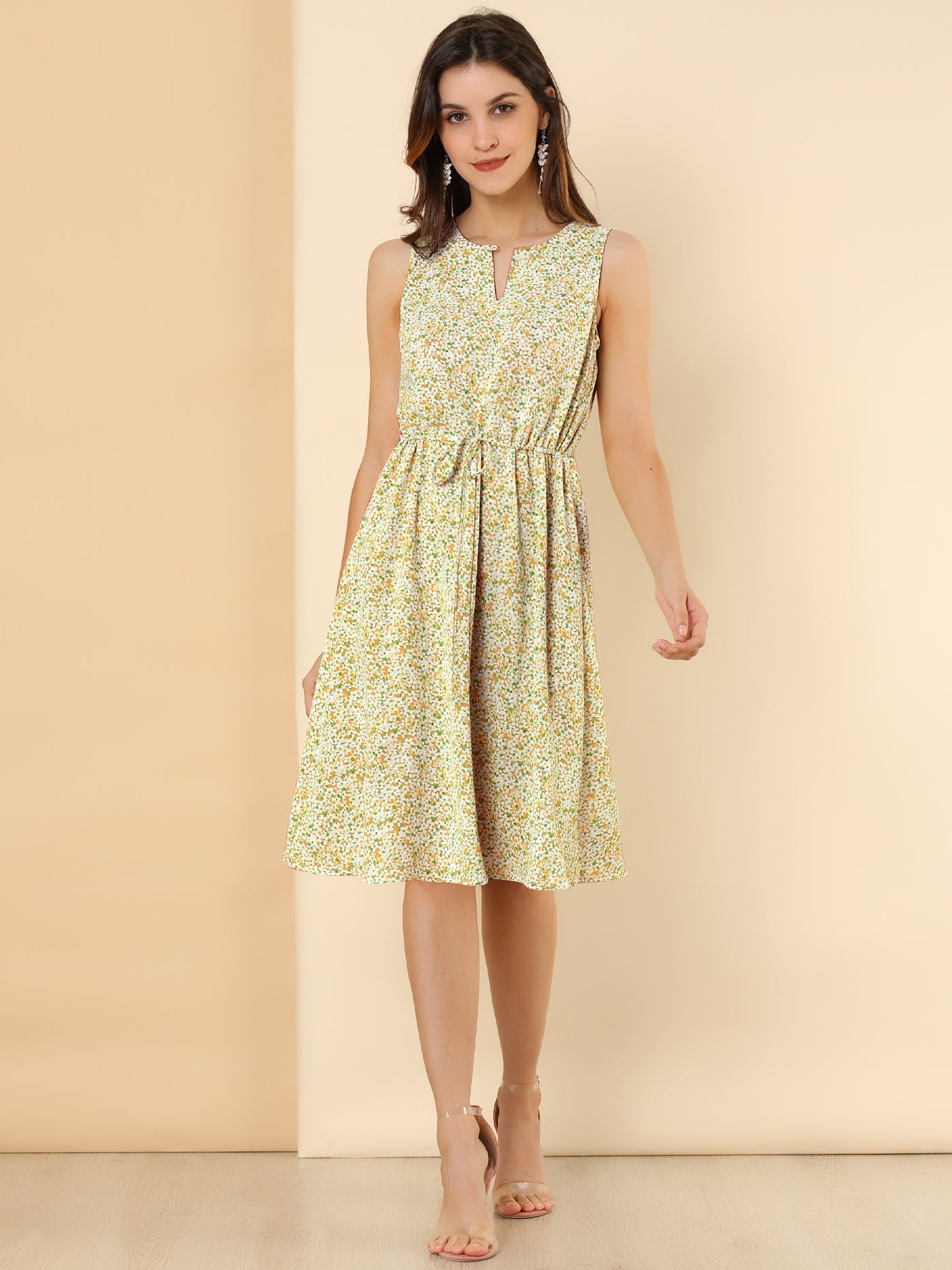 Allegra K Floral Drawstring Waist Sleeveless A-Line Midi Dress Sundress
