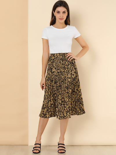 Leopard Print Elastic Wasit Swing Shirring Pleat Midi Skirt