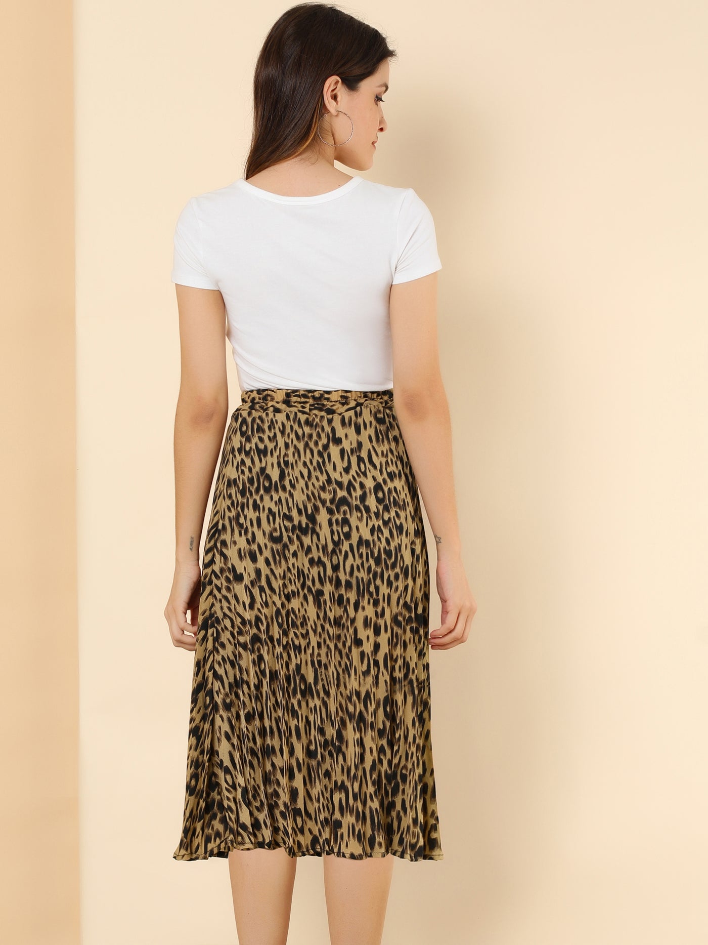 Allegra K Leopard Print Elastic Wasit Swing Shirring Pleat Midi Skirt