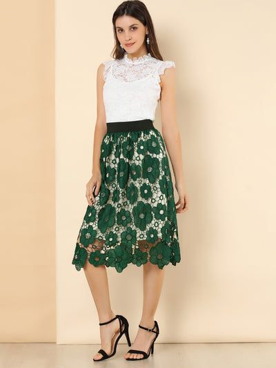 Saint Patrick's Day Elegant Elastic Waist Floral Lace Midi Skirt