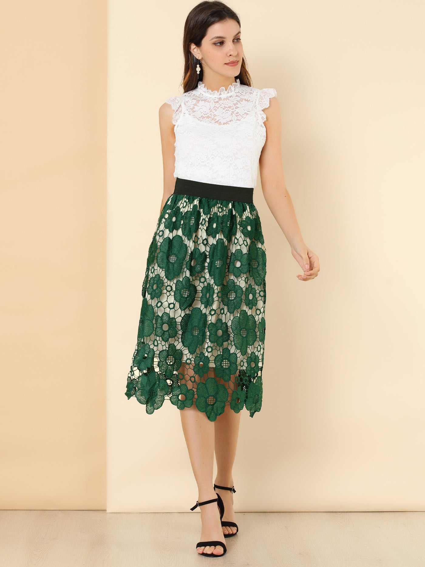 Allegra K Saint Patrick's Day Elegant Elastic Waist Floral Lace Midi Skirt