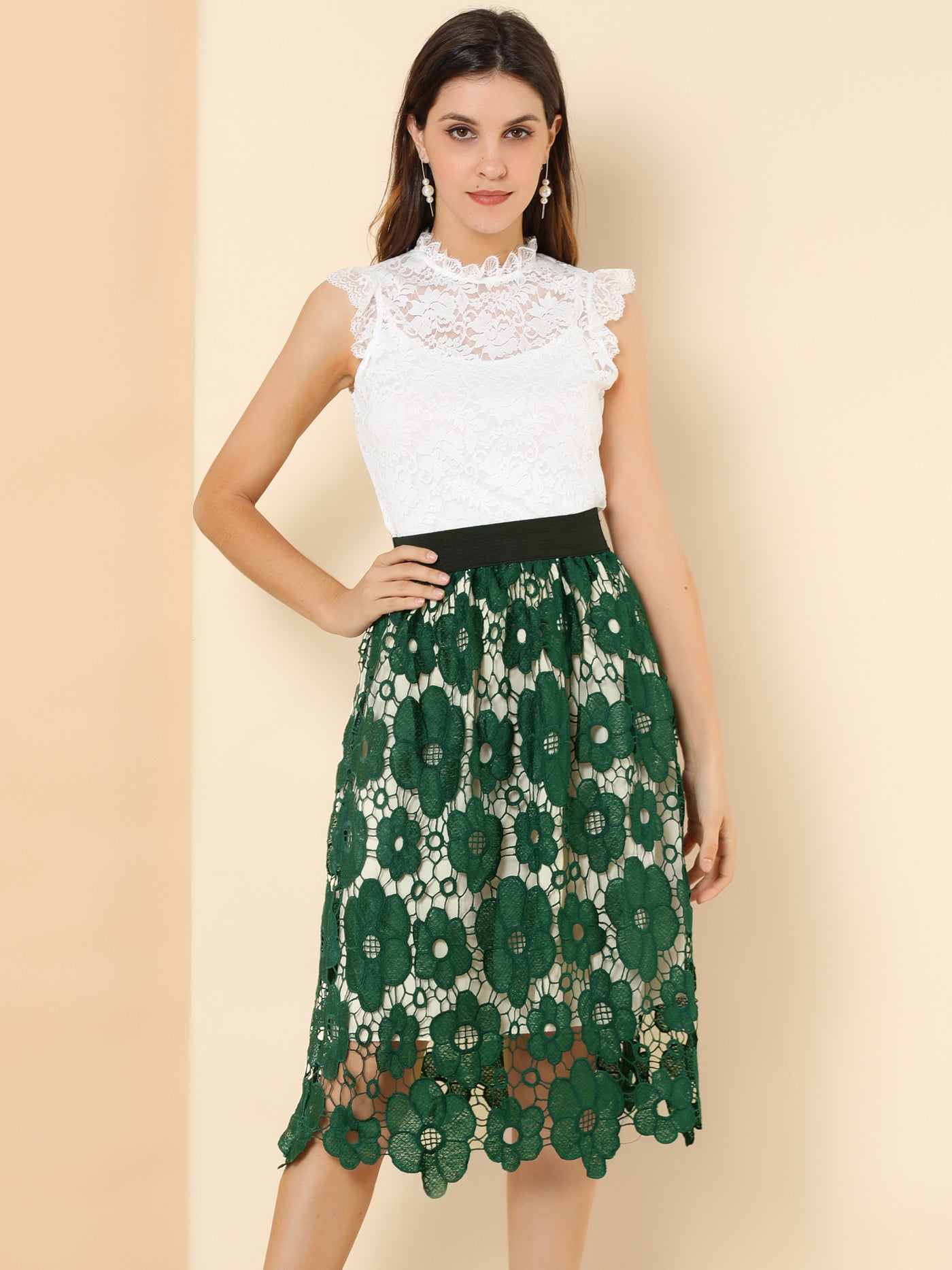 Allegra K Saint Patrick's Day Elegant Elastic Waist Floral Lace Midi Skirt