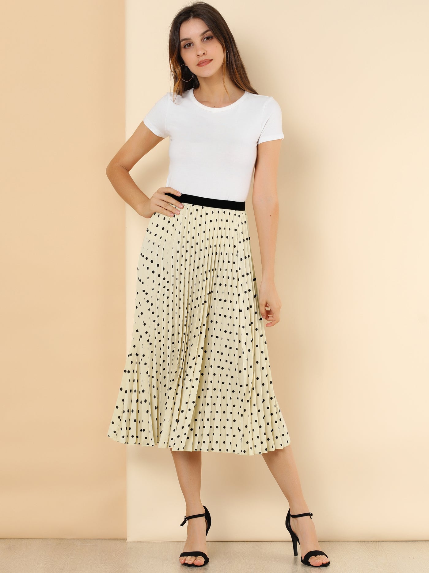 Allegra K Polka Dots Elastic Waist Pleated Swing A-Line Midi Skirt