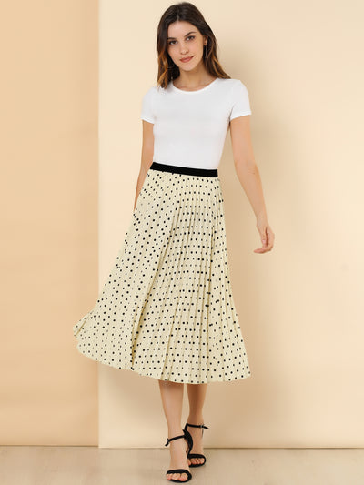 Polka Dots Elastic Waist Pleated Swing A-Line Midi Skirt