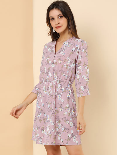 Button-Up V Neck 3/4 Sleeve Floral T-Shirt Dress with Pockets