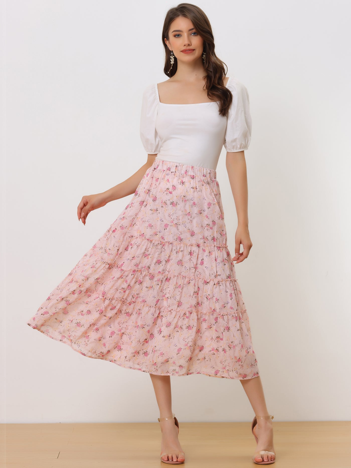 Allegra K Chiffon Floral Printed Long Tiered Ruffle Boho Midi Skirt