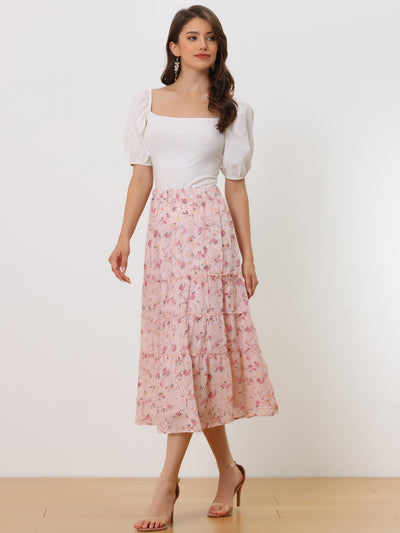 Chiffon Floral Printed Long Tiered Ruffle Boho Midi Skirt