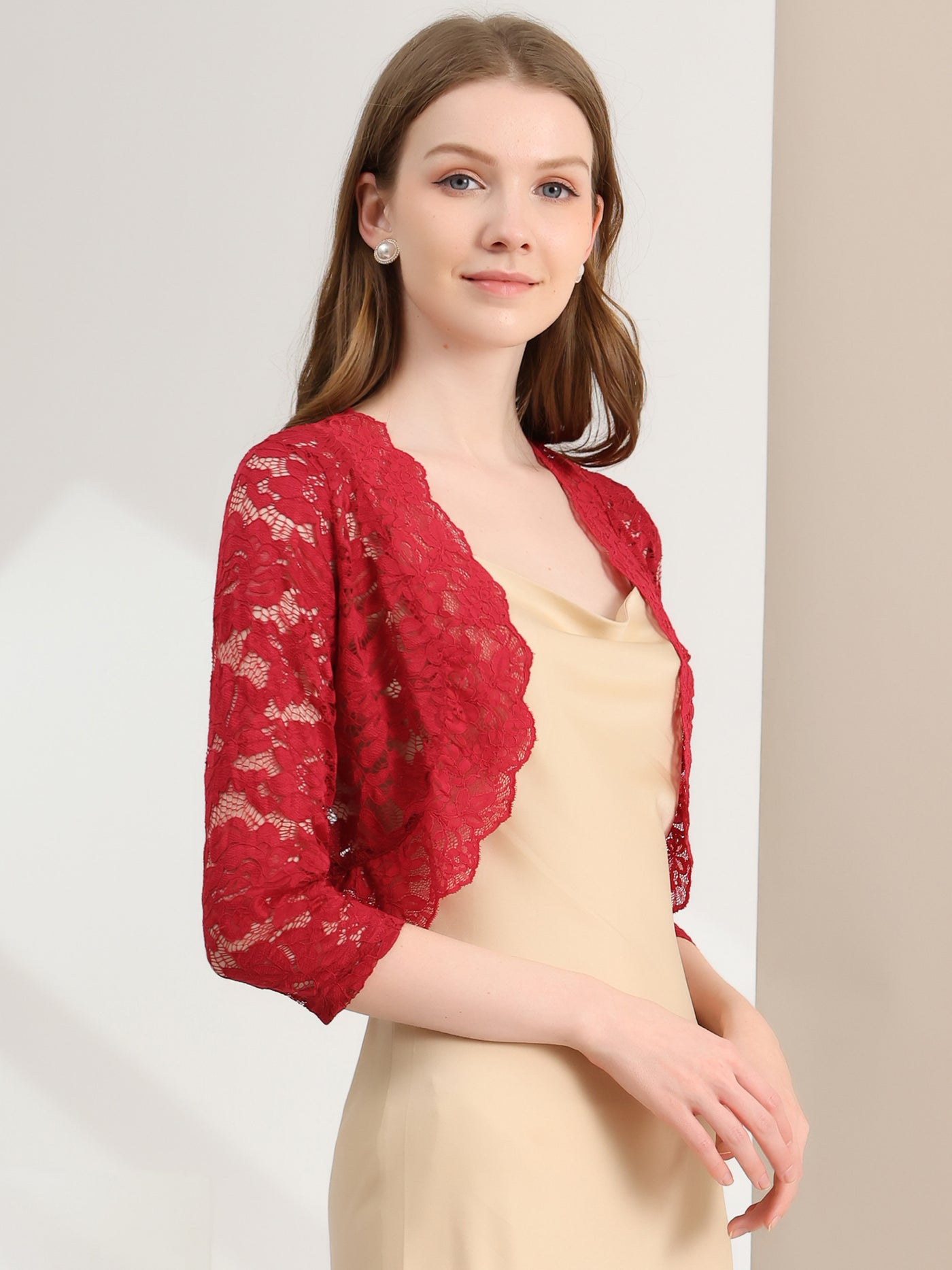 Allegra K Elegant 3/4 Sleeve Sheer Floral Lace Shrug Top