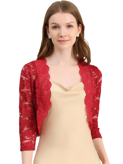 Elegant 3/4 Sleeve Sheer Floral Lace Shrug Top