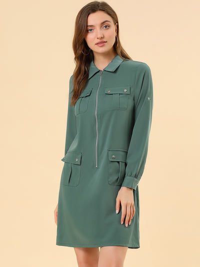 Roll Up Sleeve Multi-Pocket Safari Belted Collared Shirt Dress