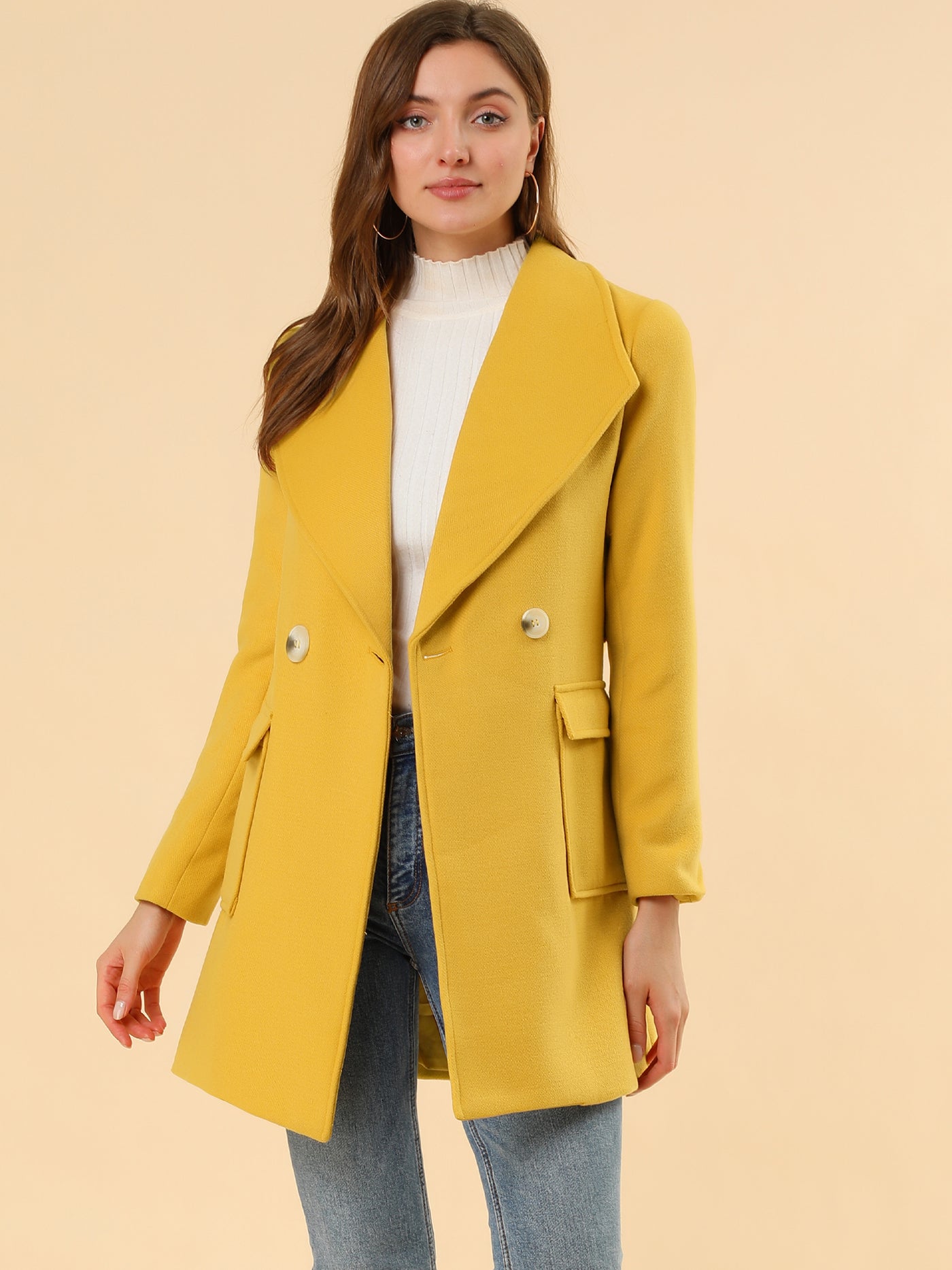 Allegra K Shawl Collar Lapel Double Breasted Winter Belted Coat with Pockets