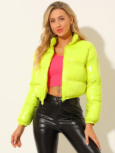 Winter Shiny Cropped Quilted Padded Puffer Metallic Coat