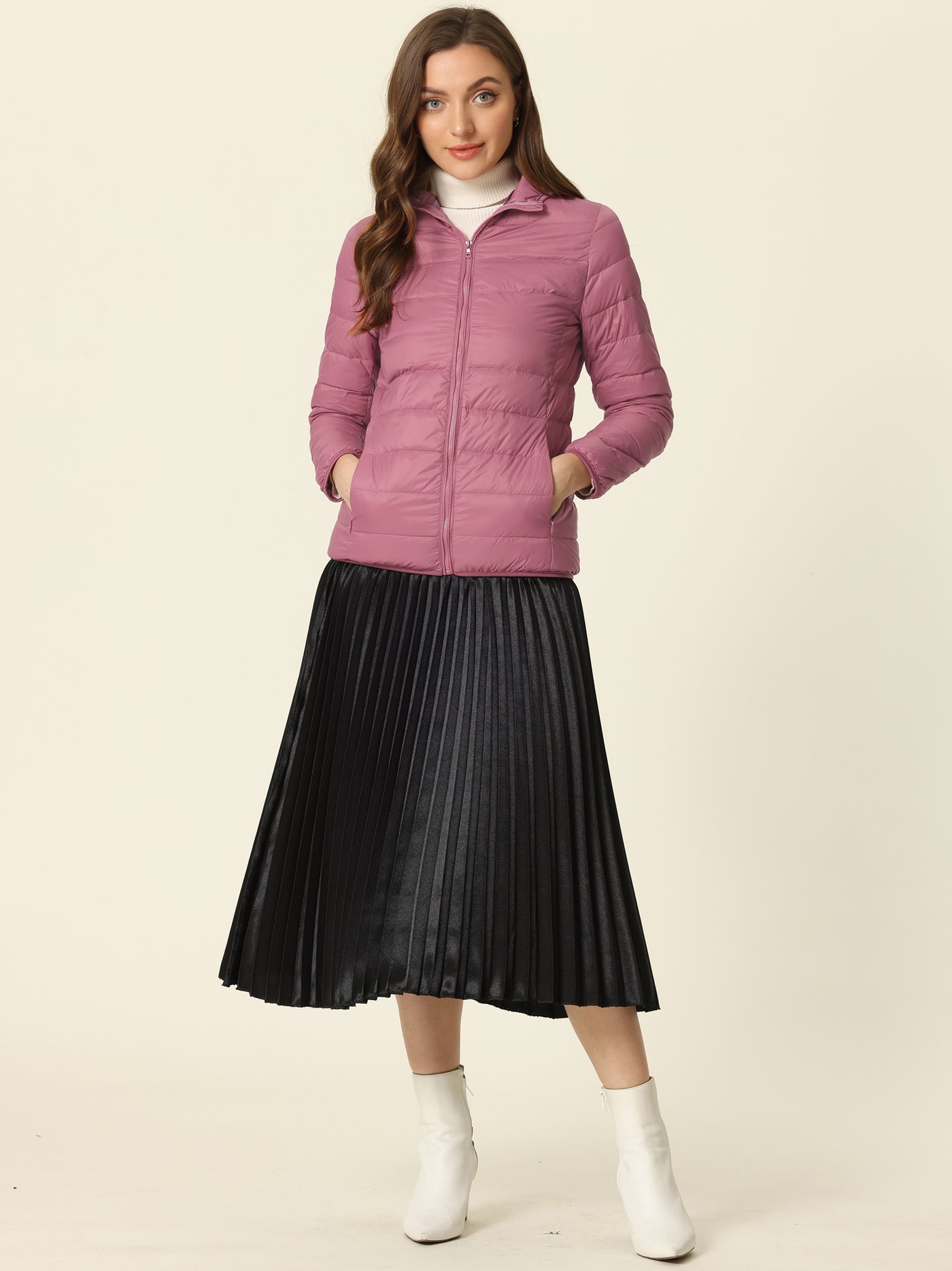 Allegra K Hooded Packable Long Sleeve Zip Up Down Winter Lightweight Jacket