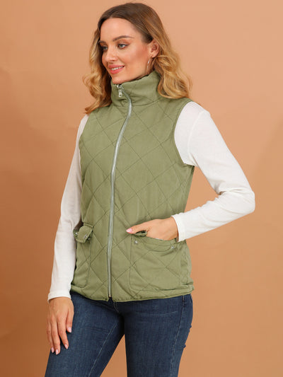 Stand Collar Zip Up Front Quilted Fleece Vest with Pockets