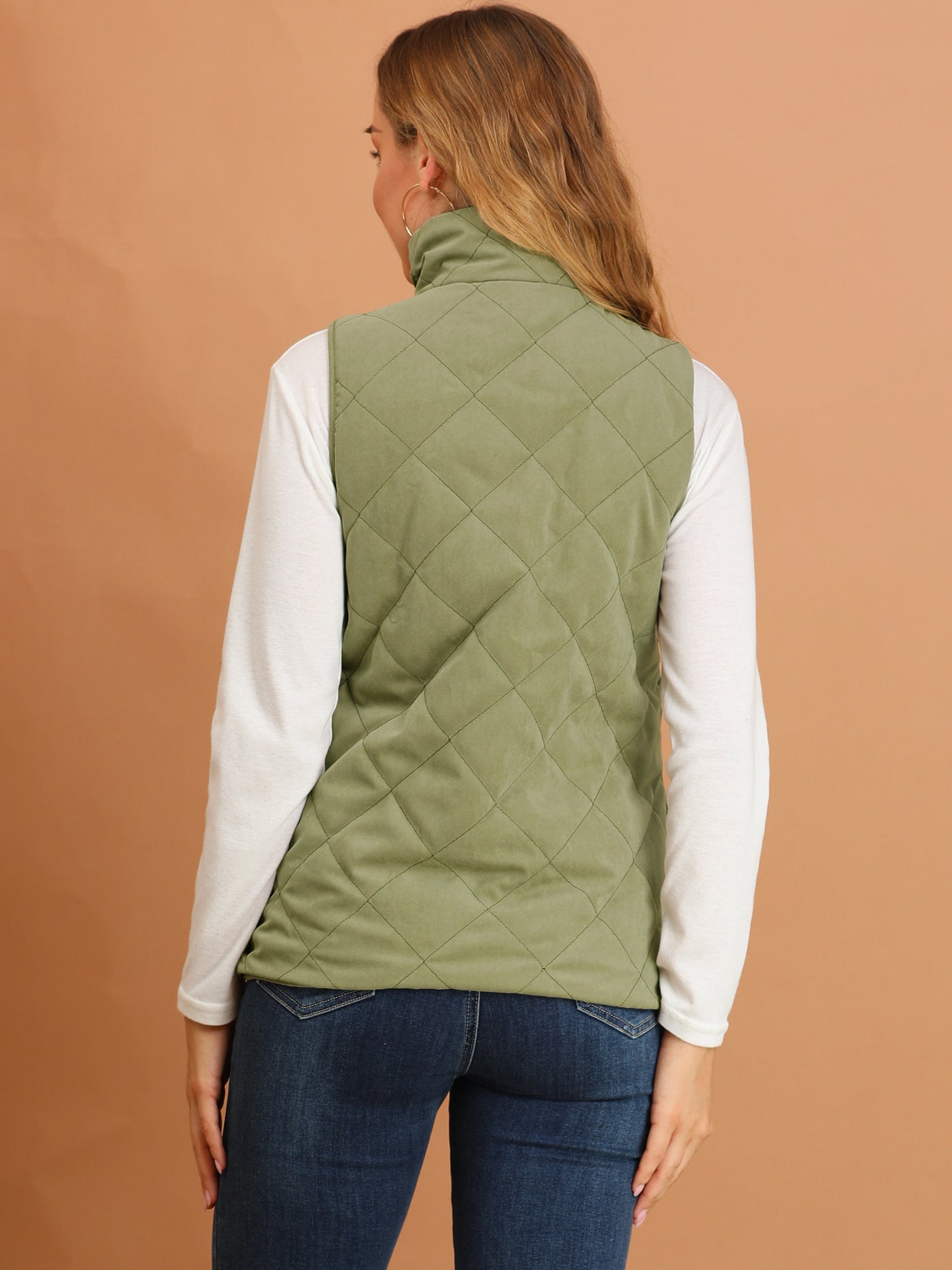 Allegra K Stand Collar Zip Up Front Quilted Fleece Vest with Pockets