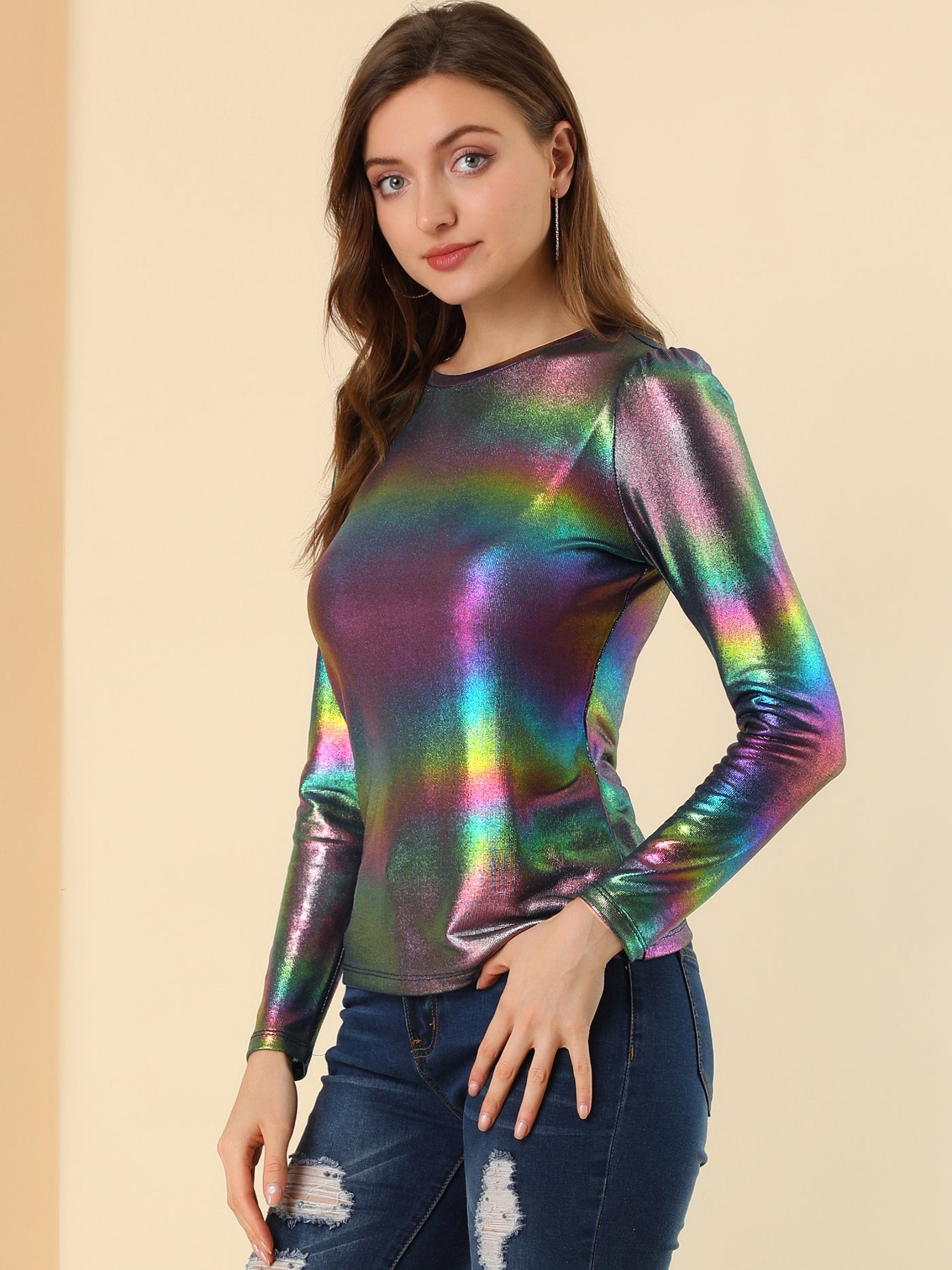 Allegra K Long Sleeve Sparkly Party Glitter Shiny Metallic Shirt