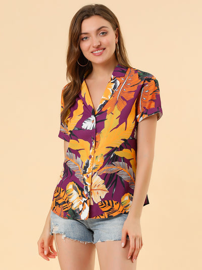 Hawaiian Floral Leaves Printed Short Sleeve Tropical Button Shirt