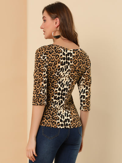 Elbow Sleeve Round Neck Casual Animal Printed T-Shirt