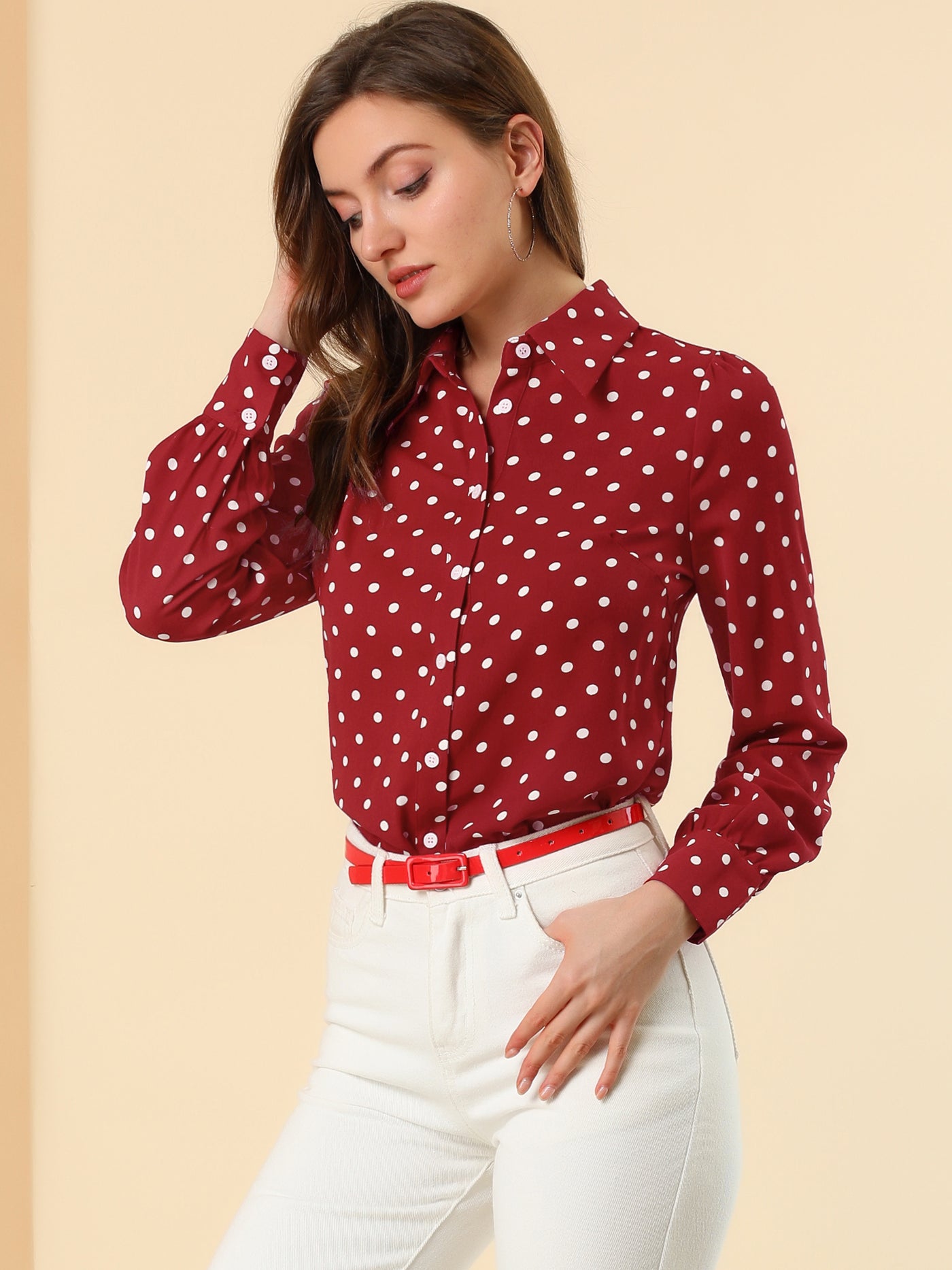 Allegra K Polka Dot Office Button Down Long Sleeve Business Casual Shirt