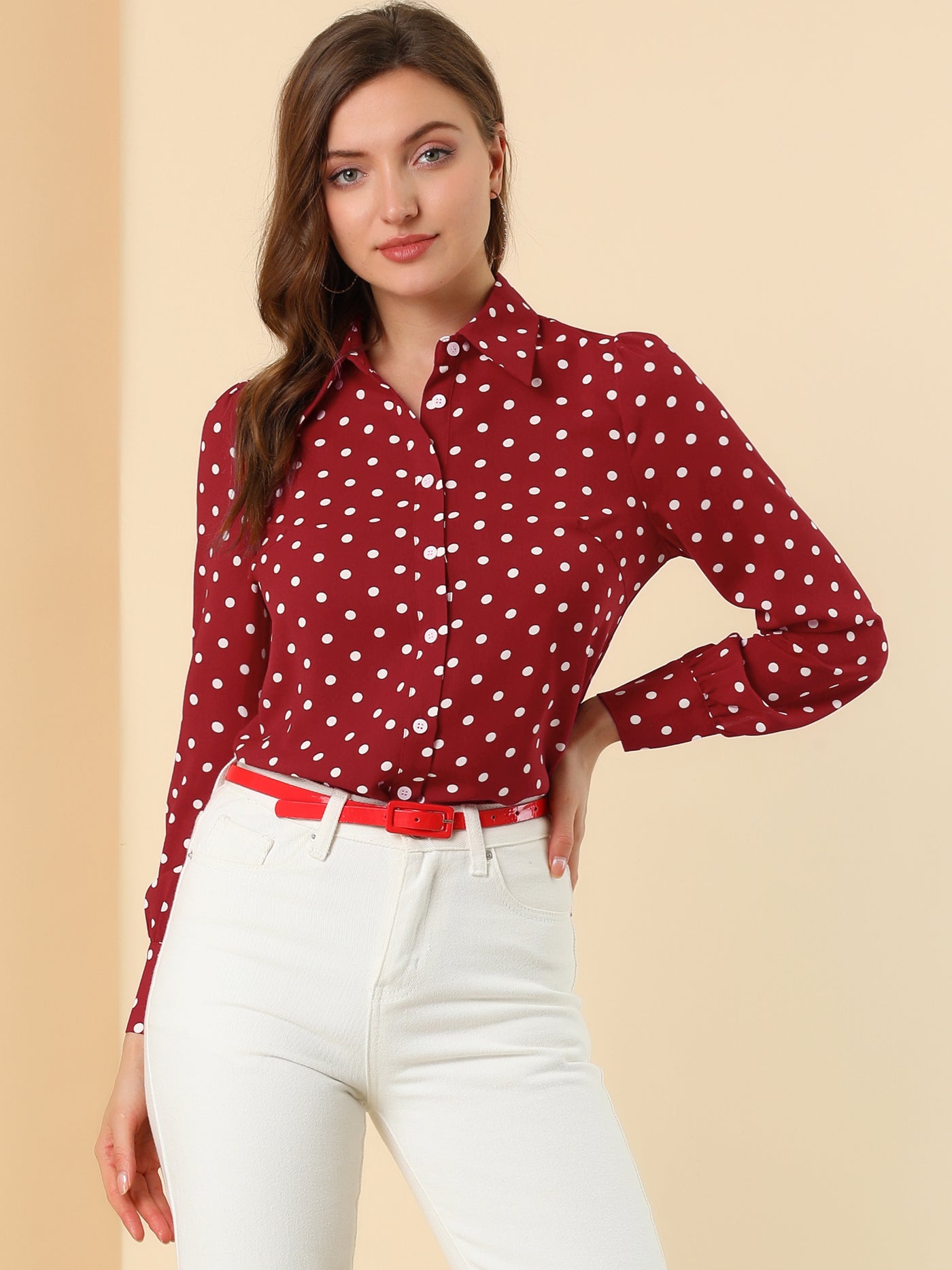 Allegra K Polka Dot Office Button Down Long Sleeve Business Casual Shirt
