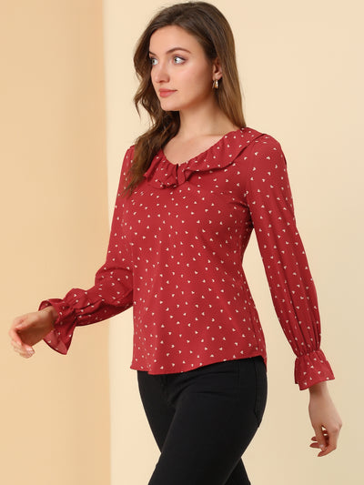 Ruffle V Neck Heart Print Valentine's Day Blouse Business Work Top