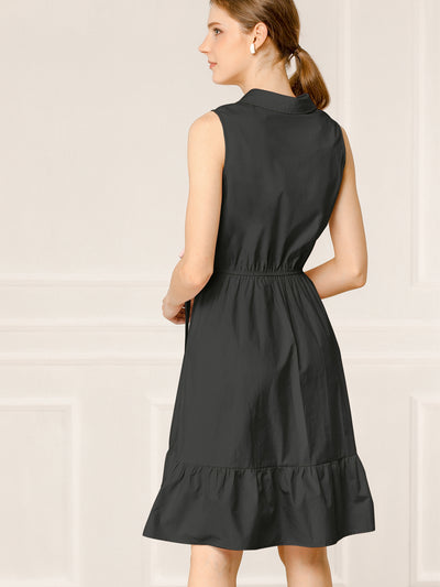 Cotton Casual Ruffled Sleeveless Vintage Belted Shirt Dress