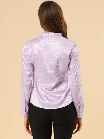 Bow Tie Neck Long Sleeve Printed Pussy Satin Blouse Tops
