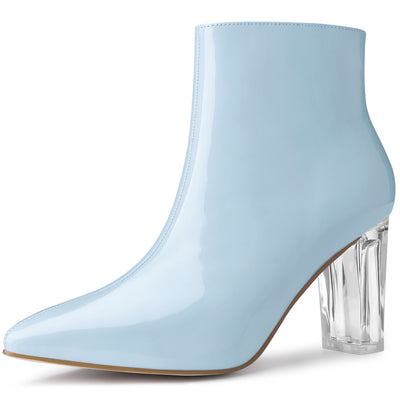 Allegra K Patent Leather Pointed Toe Clear Chunky Heel Ankle Boots