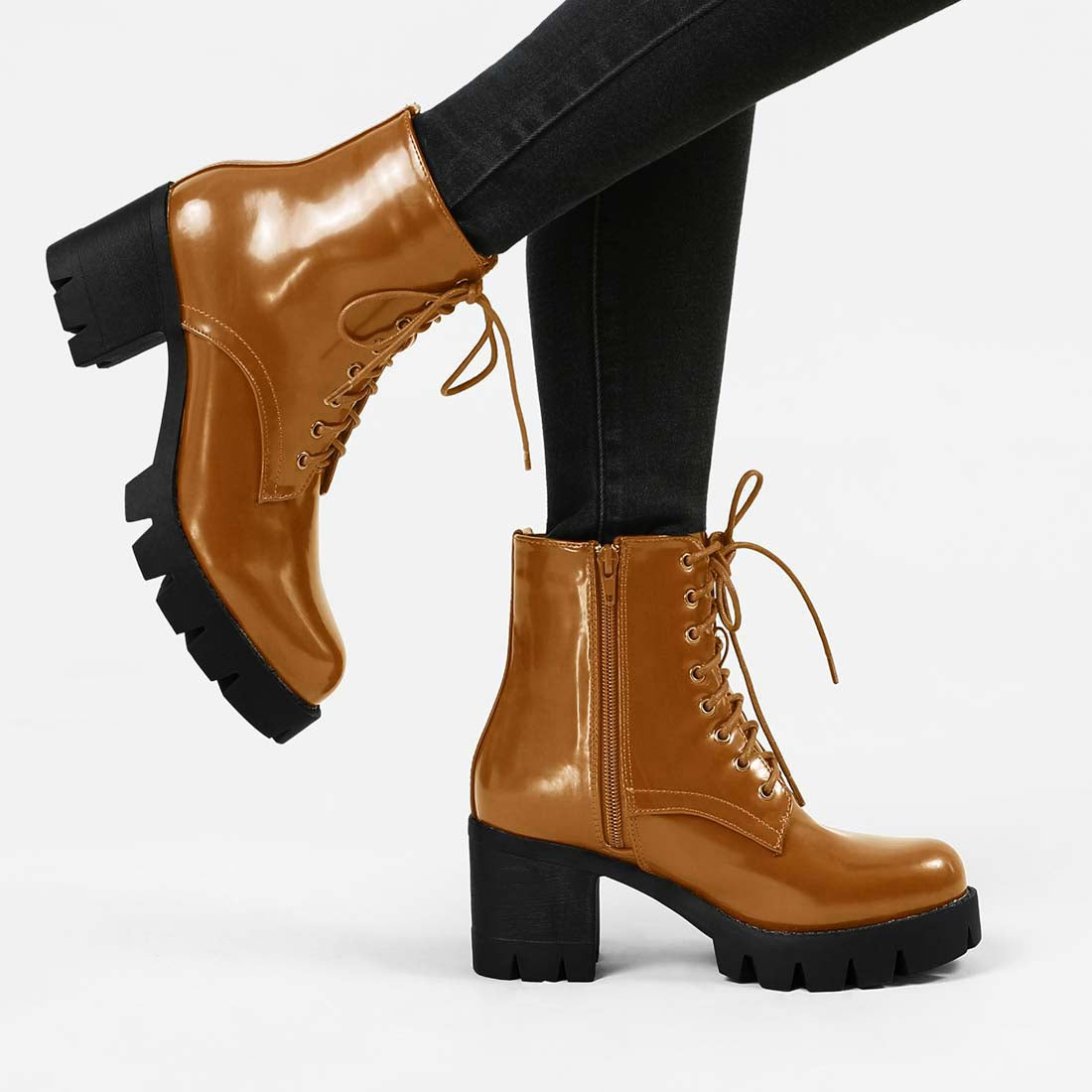 Allegra K Lace Up Decor Side Zipper Platform Chunky Heel Combat Boots