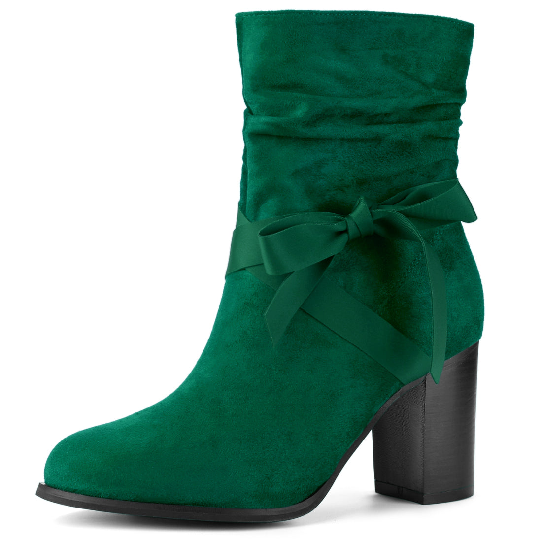 Allegra K Faux Suede Round Toe Slouchy Chunky Heel Ankle Boots