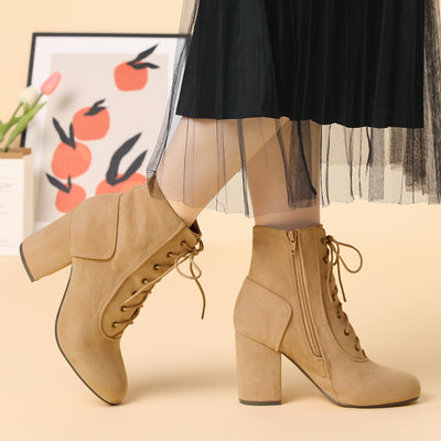 Faux Suede Round Toe Lace Up Chunky Heel Ankle Booties