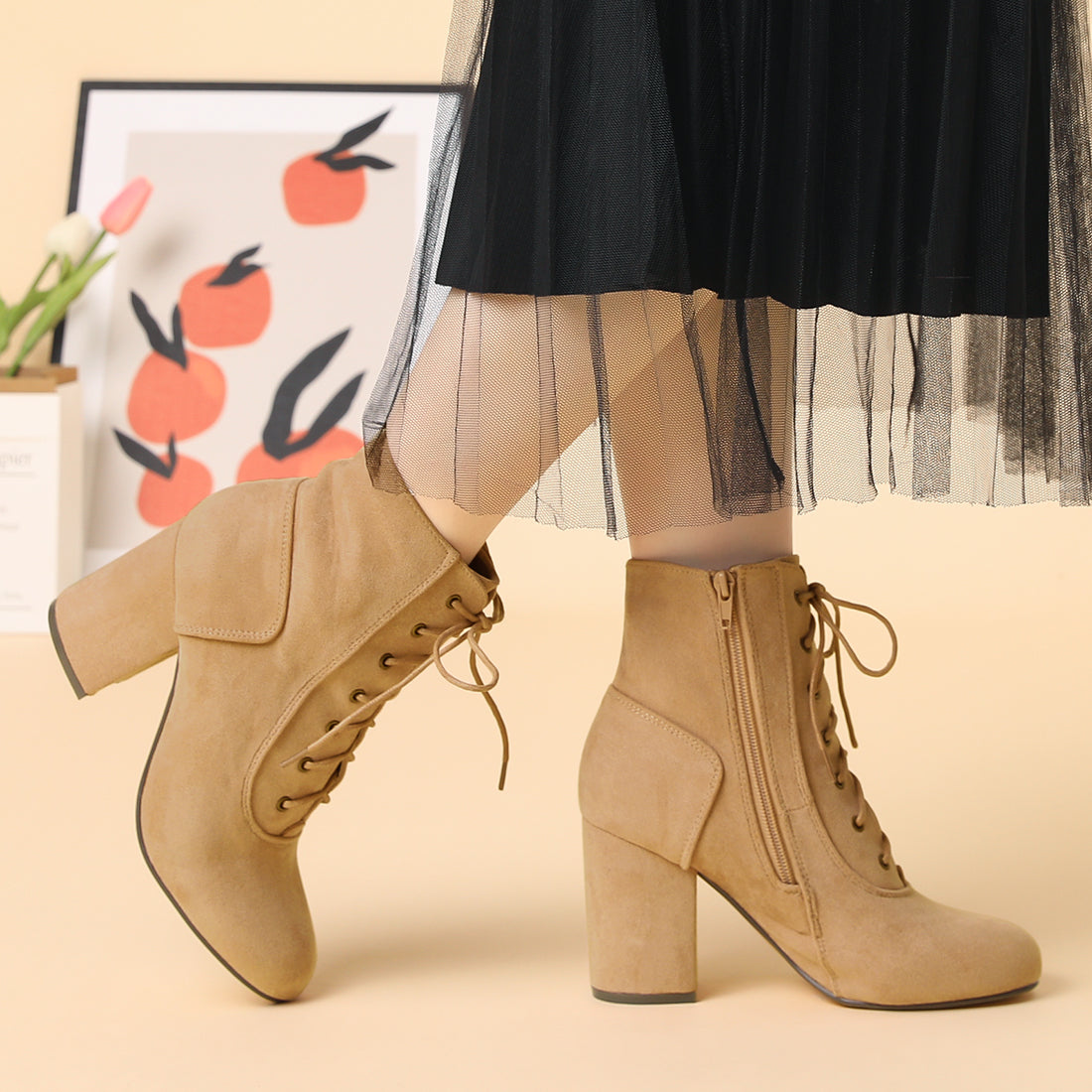 Allegra K Faux Suede Round Toe Lace Up Chunky Heel Ankle Booties