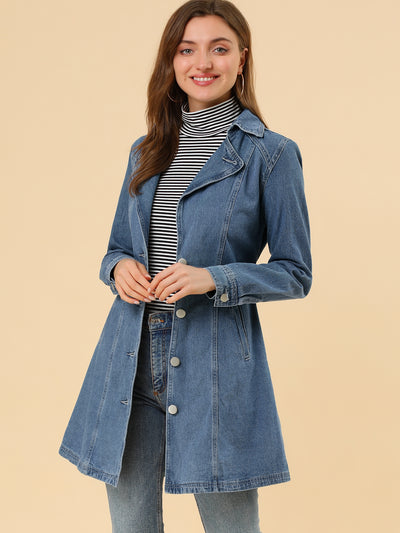 Notched Lapel Belted Trench Long Jean Denim Jacket