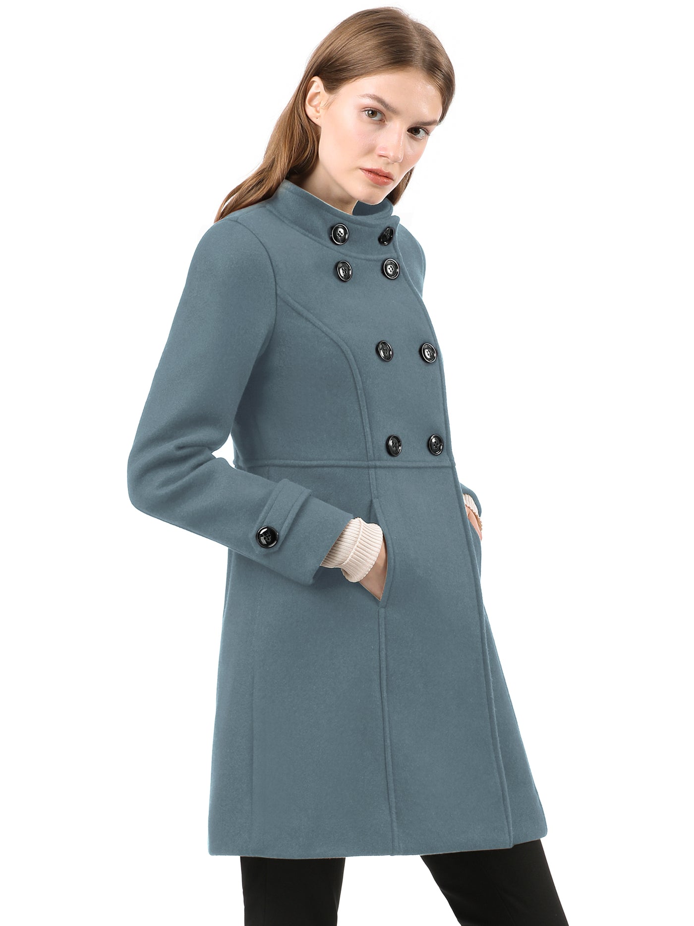 Allegra K Stand Collar Double Breasted Slant Pockets Trendy Outwear Winter Coat