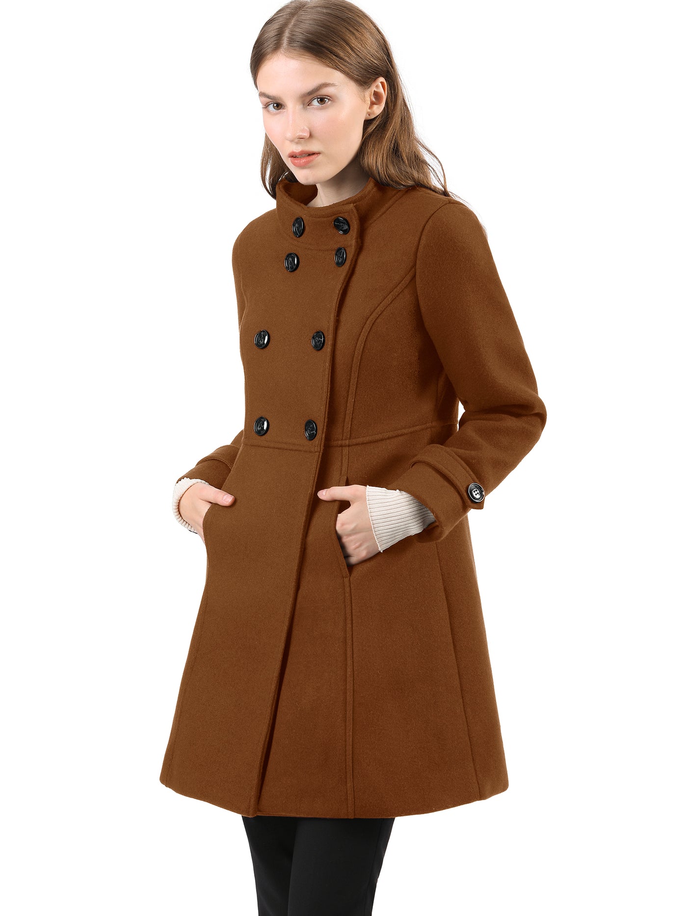 Allegra K Stand Collar Double Breasted Slant Pockets Trendy Outwear Winter Coat