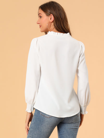 Work Shirt Ruffled V Neck Long Sleeve Workwear Solid Blouse